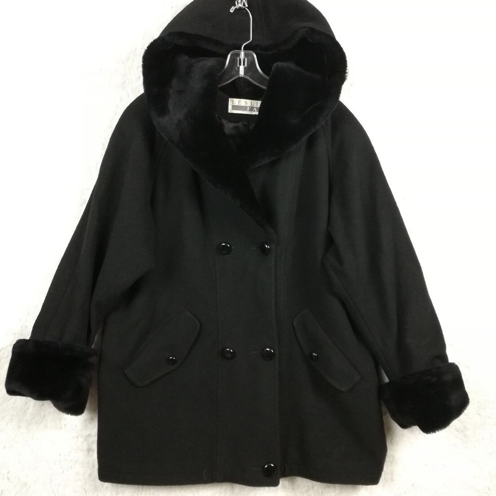 Vtg Leslie Fay Womens Coat Wool‎ Blend Hooded Black Faux Fur Double Breasted 10